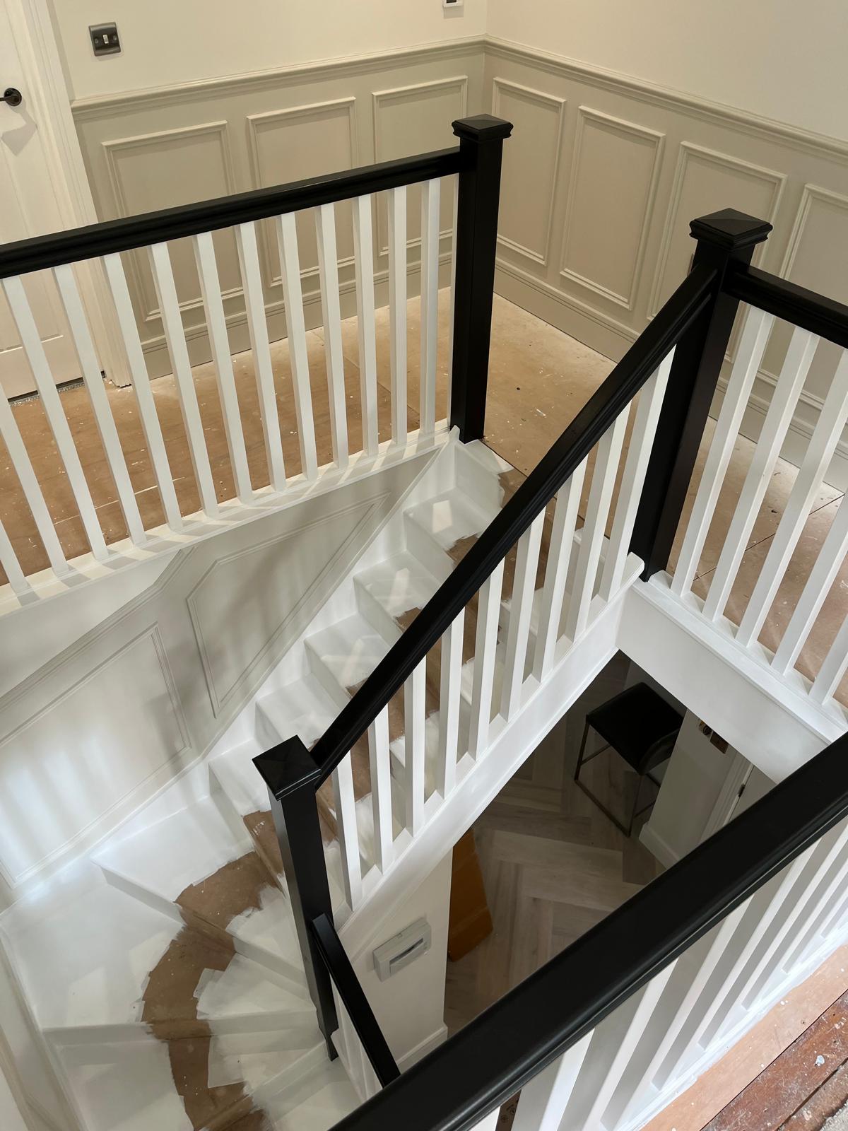 Staircase refinish - white risers & dark handrail